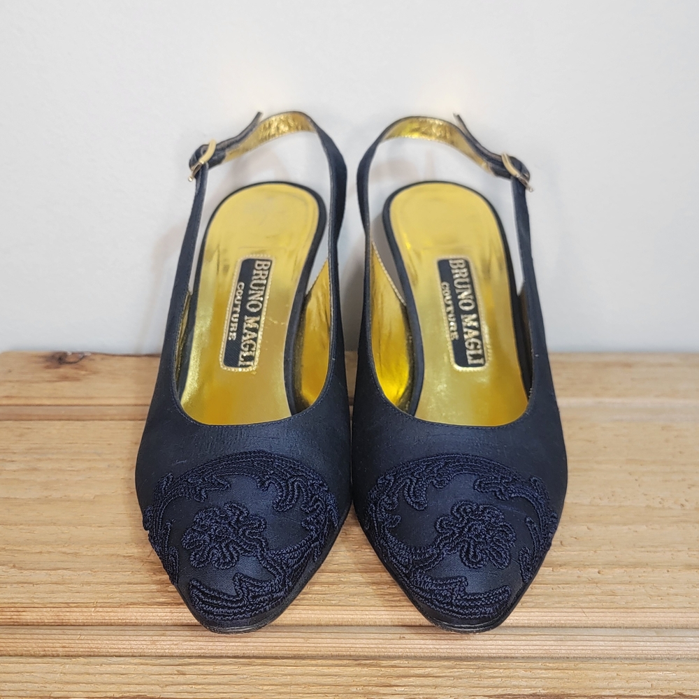 Bruno Magli Black Embroidered Slingback Heels